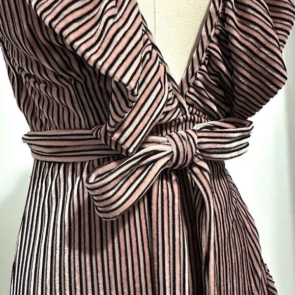 MISA Stripe Velvet Ruffle Wrap Midi ‘EVE’ Dress M Plunged V Neck Fairy Romantic - Picture 9 of 14